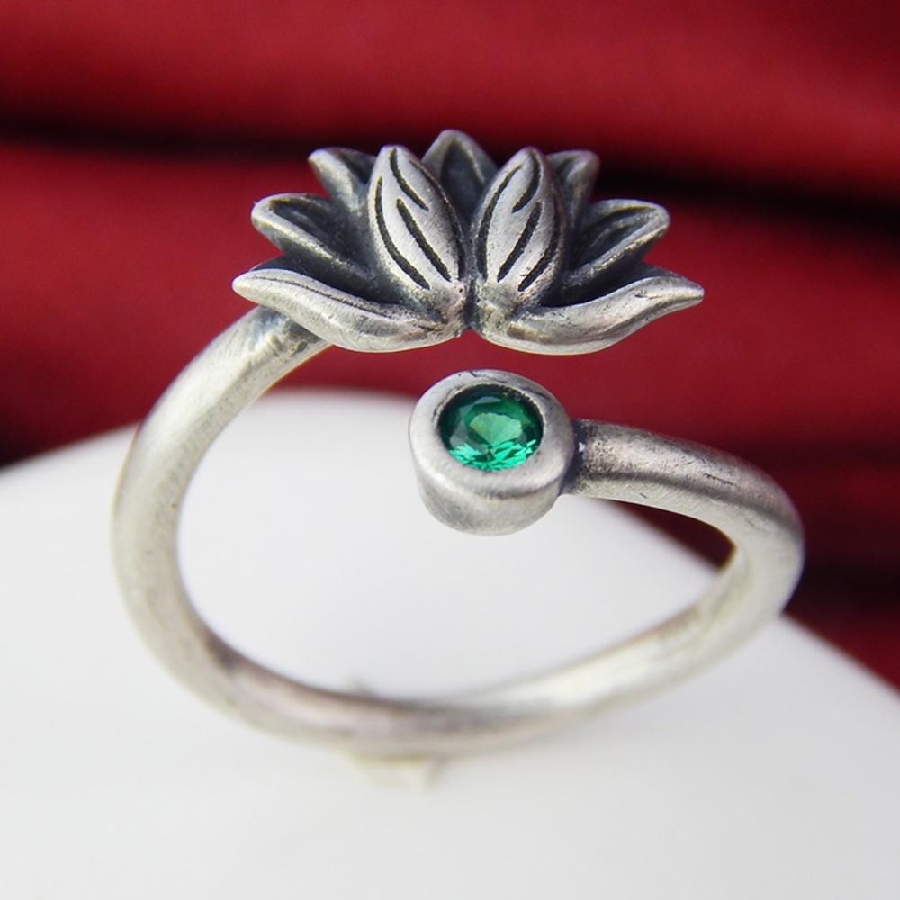 925 Sterling Silver Peacock Fan Open Ring Green